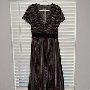 Striped V-Neck Maxi Dress with Black Waistband